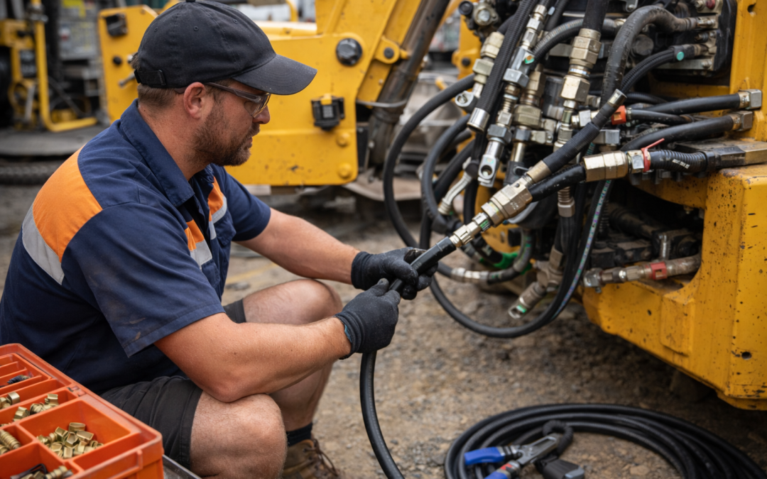 A technician in safety gear connects hydraulic hoses on a yellow machine outdoors, with tools nearby.