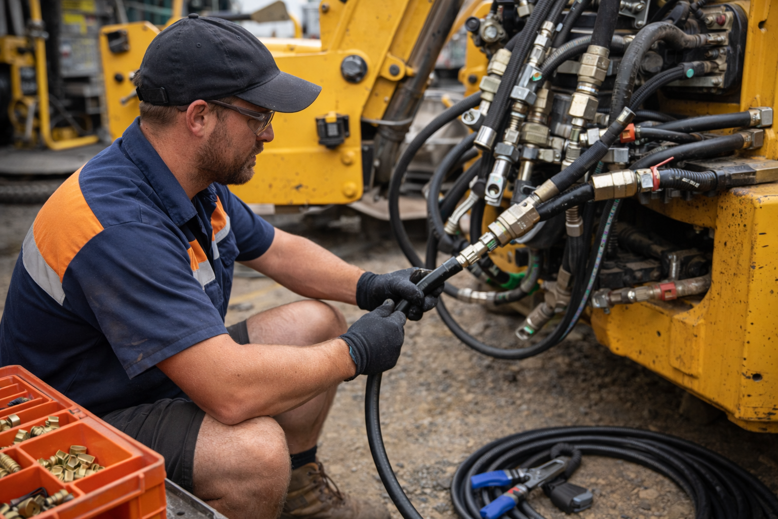A technician in safety gear connects hydraulic hoses on a yellow machine outdoors, with tools nearby.
