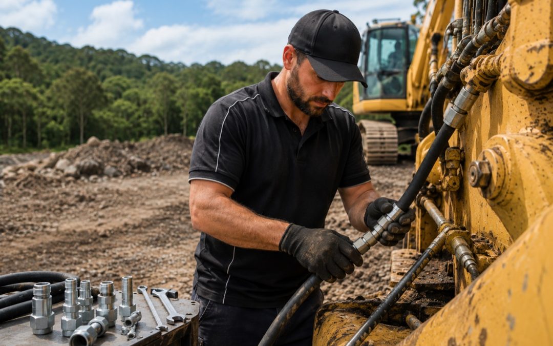 Technician matching and installing hydraulic hose fittings on excavator equipment in North Shore Sydney