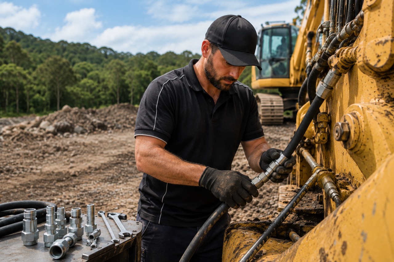 Technician matching and installing hydraulic hose fittings on excavator equipment in North Shore Sydney