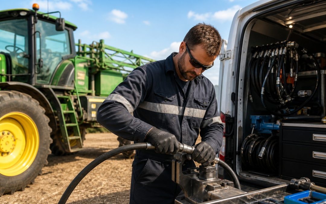 Hydraulic hose technician preparing a replacement hose beside a mobile service van.