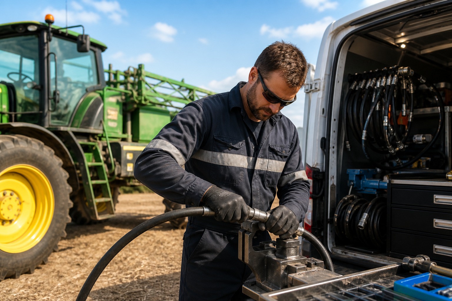 Hydraulic hose technician preparing a replacement hose beside a mobile service van.