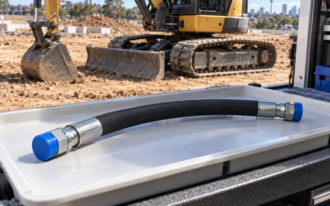 A new hydraulic hose with protective blue caps rests on a clean tray beside a mobile service vehicle at an earthmoving site