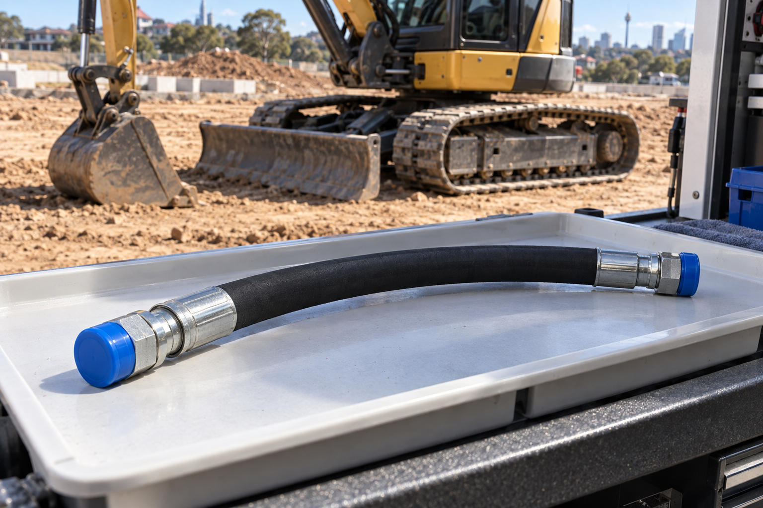 A new hydraulic hose with protective blue caps rests on a clean tray beside a mobile service vehicle at an earthmoving site
